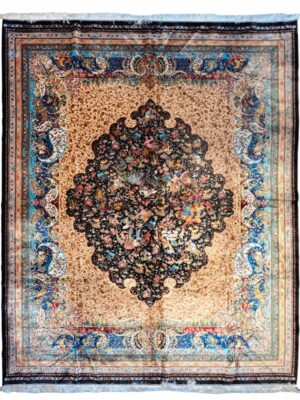 فرش ربات بافت مستطیل شکار 70 رج ابریشم و بنبوسیلک کد 2003473