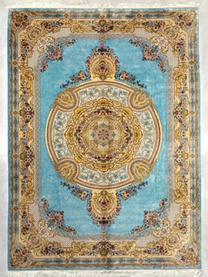 فرش ربات بافت مستطیل لچک ترنجی گلابتون 70 رج ابریشم و بنبوسیلک کد 2003478