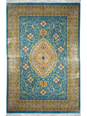 فرش ربات بافت مستطیل لچک ترنجی داسی 70 رج ابریشم و بنبوسیلک کد 2003481