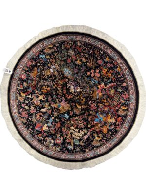 فرش ربات بافت دایره شکارگاه 70 رج ابریشم و بنبوسیلک کد 2003505