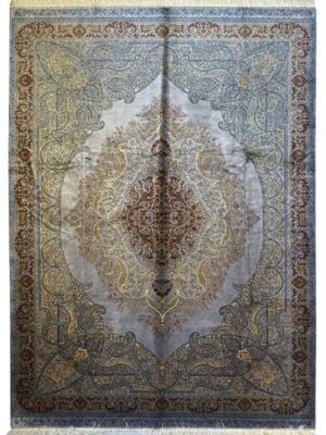 فرش ربات بافت تمام ابریشم 2 نخ مستطیل لچک ترنجی پتینه کد 2003546