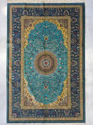 فرش دست بافت مراغه مستطیل  لچک ترنجی اکبری 70 رج تمام ابریشم کد 2003560