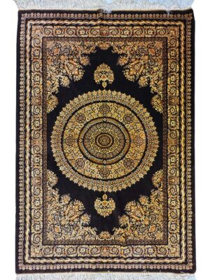 فرش دست بافت مستطیل لچک ترنجی مجلوحی 80 رج تمام ابریشم