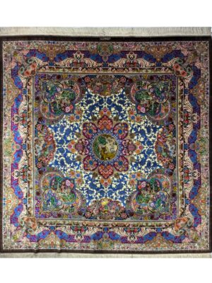 فرش دست بافت مربع تمام ابریشم قم 80 رج نقشه ترمه کد 2003572