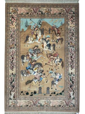 فرش دست بافت چوگان 60 رج کرک ابریشم با حاشیه ابریشم کد 2003628