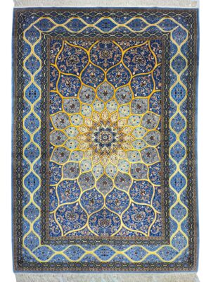 فرش دست بافت مستطیل گنبدی 50 رج کرک ابریشم با حاشیه ابریشم کد 2003629