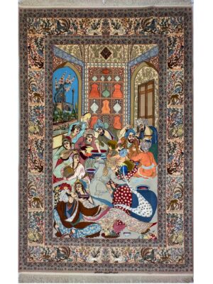 فرش دست بافت لیلی و مجنون 60 رج کرک ابریشم با حاشیه ابریشم کد 2003630