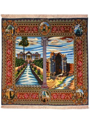 فرش دست بافت مربع آثار ایران تمام برجسته 50 رج کرک ابریشم با حاشیه ابریشم کد 2003631