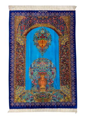 فرش دست بافت تبریز مستطیل محرابی گلدانی 80 رج تمام ابریشم کد 2001816