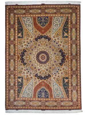 فرش دست بافت تبریز مستطیل گنبدی 50 رج تمام ابریشم کد 2002494