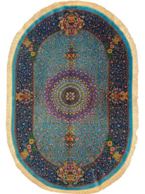 فرش دست بافت بیضی رضایی 80 رج تمام ابریشم کد 2003574