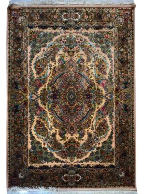 فرش دست بافت لچک ترنجی فرشکاران اصطلاحا 60 رج کرک و ابریشم کد 2003678