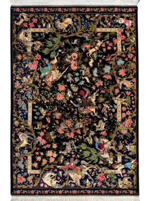 فرش ربات بافت مستطیل شکارگاه بهرام 70 رج ابریشم و بنبوسیلک کد 2003691