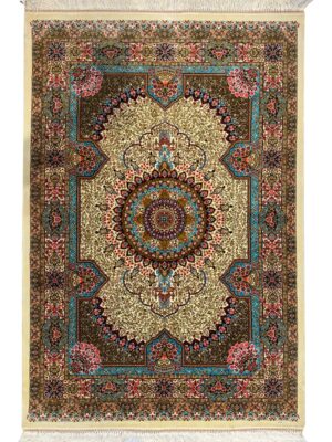 فرش ربات بافت مستطیل گلریز - ذبیهی 70 رج ابریشم و بنبوسیلک کد 2003699