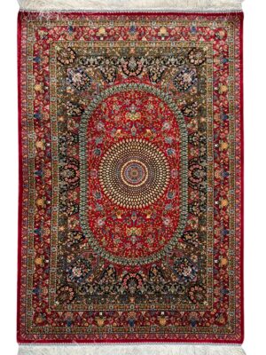 فرش ربات بافت مستطیل اسلیمی 70 رج ابریشم و بنبوسیلک کد 2003703