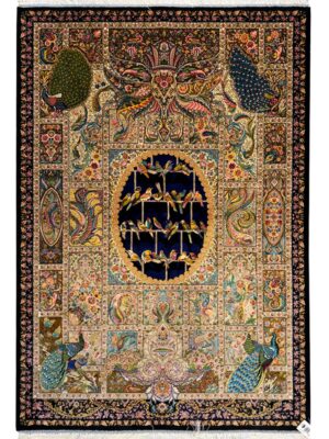 فرش ربات بافت مستطیل چهل طوطی قابی 80 رج ابریشم و بنبوسیلک کد 2003710