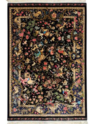 فرش ربات بافت مستطیل شکارگاه عرضی 70 رج پشم و بنبوسیلک کد 2003717