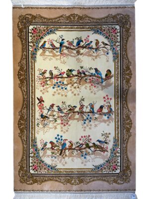 فرش ربات بافت مستطیل چهل طوطی قابی 70 رج پشم و بنبوسیلک کد 2003720