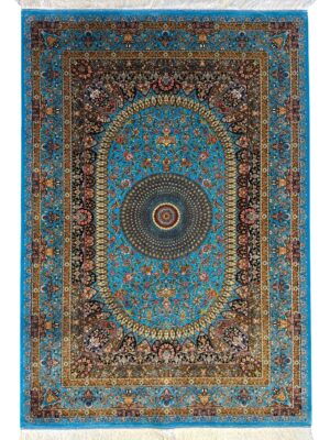 فرش ربات بافت مستطیل اسلیمی 70 رج پشم و بنبوسیلک کد 2003723