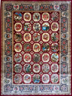 فرش ربات بافت مستطیل گلستان قابی 70 رج ابریشم و بنبوسیلک کد 2003736