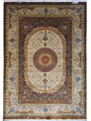 فرش ربات بافت مستطیل اسلیمی 70 رج ابریشم و بنبوسیلک کد 2003749