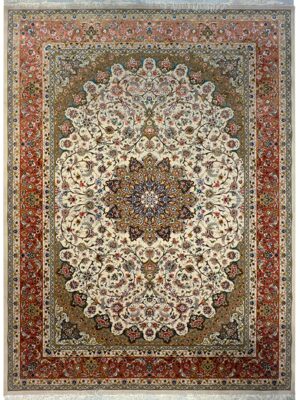 فرش ربات بافت مستطیل خطیبی لچک گلدان  50 رج پشم و ابریشم کد 2003760