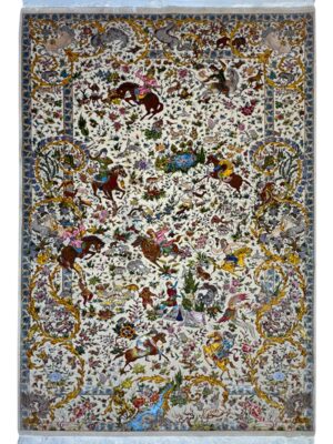 فرش ربات بافت مستطیل شکارگاه بهرام 50 رج کرک و بمبوسیلک کد 2003768