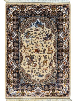 فرش ربات بافت مستطیل شکارگاه بهرام 70 رج ابریشم و بنبوسیلک کد 2003778