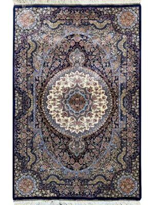 فرش ربات بافت مستطیل هزارگل ترنجی 70 رج ابریشم و بنبوسیلک کد 2003785