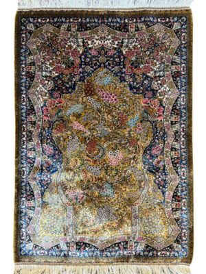 فرش ربات بافت مستطیل درخت زندگی هزار گل 70 رج ابریشم و بنبوسیلک کد 2003792