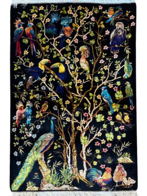 فرش ربات بافت مستطیل باغ پرندگان 70 رج ابریشم و بنبوسیلک کد 2003793