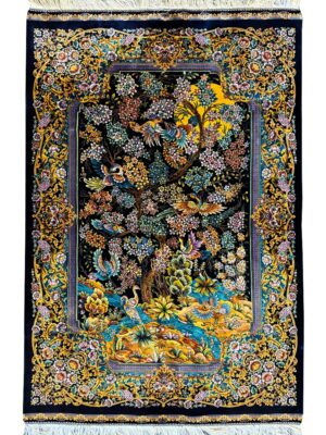 فرش ربات بافت مستطیل درخت زندگی 70 رج ابریشم و بنبوسیلک کد 2003794