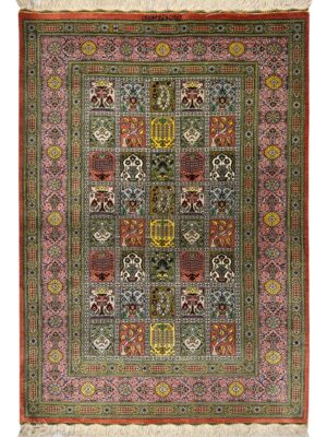 دست بافت  مستطیل  خشتی امضا لاجوردی 70 رج ابریشم و بنبوسیلک کد 2003811