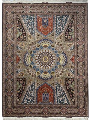 فرش دست بافت مستطیل گنبدی 50 رج کرک و ابریشم کد 2002795