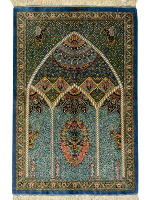 فرش دست بافت مستطیل مهرابی گنبدی 80 رج تمام ابریشم کد 2003612