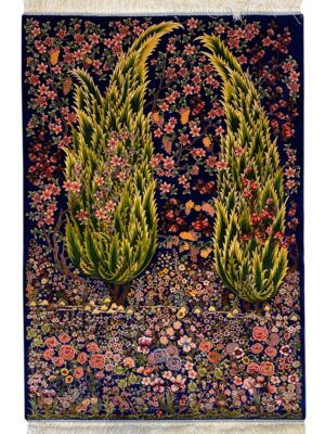 فرش ربات بافت مستطیل درخت سروی 70 رج ابریشم و بنبوسیلک کد 2003863