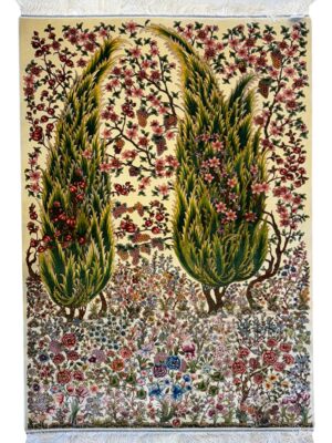 فرش ربات بافت مستطیل درخت سروی 70 رج ابریشم و بنبوسیلک کد 2003866