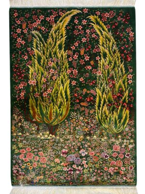 فرش ربات بافت مستطیل درخت سروی 70 رج ابریشم و بنبوسیلک کد 2003867