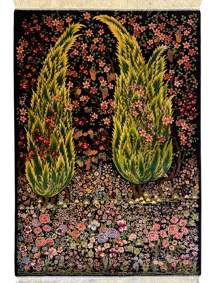 فرش ربات بافت مستطیل درخت سروی 70 رج ابریشم و بنبوسیلک کد 2003870