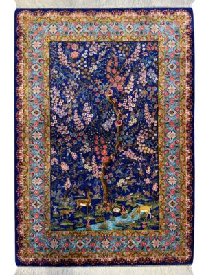 فرش ربات بافت مستطیل درخت زندگی هزار گل 70 رج ابریشم و بنبوسیلک کد 2003878