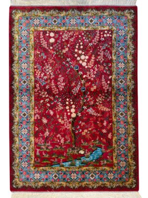 فرش ربات بافت مستطیل درخت زندگی هزار گل 70 رج ابریشم و بنبوسیلک کد 2003883