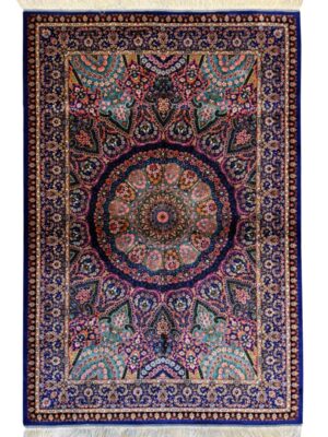 فرش ربات بافت مستطیل گنبدی اسلیمی 70 رج ابریشم و بنبوسیلک کد 2003885