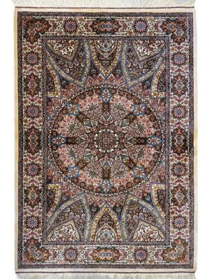 فرش ربات بافت مستطیل گنبدی اسلیمی 70 رج ابریشم و بنبوسیلک کد 2003886