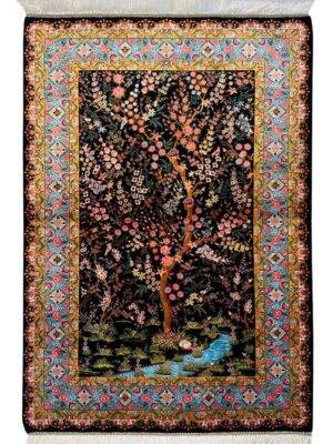فرش ربات بافت مستطیل درخت زندگی هزار گل 70 رج ابریشم و بنبوسیلک کد 2003887