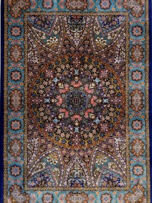 فرش ربات بافت مستطیل گنبدی اسلیمی 70 رج ابریشم و بنبوسیلک کد 2003909