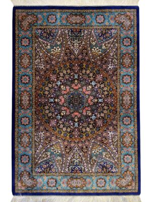 فرش ربات بافت مستطیل گنبدی اسلیمی 70 رج ابریشم و بنبوسیلک کد 2003888