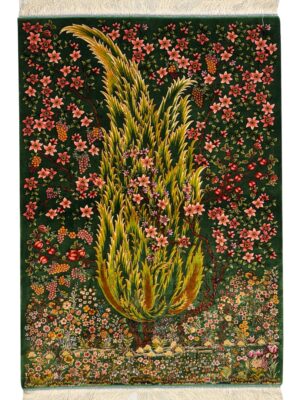 تابلو فرش ربات بافت مستطیل درخت سروی 70 رج ابریشم و بنبوسیلک کد 2003902