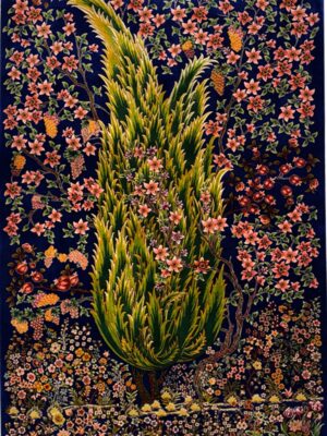 فرش ربات بافت مستطیل درخت سروی 70 رج ابریشم و بنبوسیلک کد 2003904