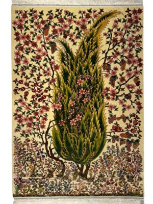 فرش ربات بافت مستطیل درخت سروی 70 رج ابریشم و بنبوسیلک کد 2003905