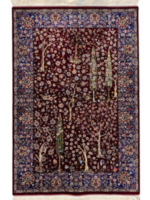 فرش ربات بافت مستطیل درخت سروی 70 رج ابریشم و بنبوسیلک کد 2003916